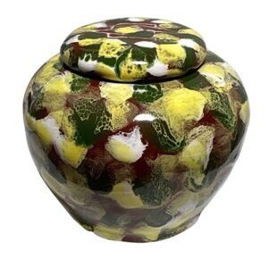 Ceramic Ginger Jar Fossil Craft Lidded Mottled Yellow Green Art Pottery Urn 3"